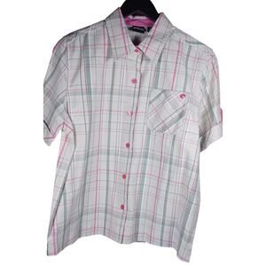VTG Erika Women's Medium Plaid Button Down Shirt Short Sleeve Pink Green White